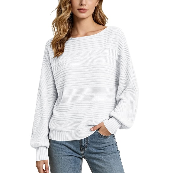Women's Striped Knit Pullover Sweater, Crewneck Long Sleeve Batwing Top, Soft Cozy Casual Fall Winter Blouse | CSEONE,White XL