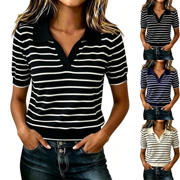 Women's Striped Knit Pullover Sweater Dressy Short Sleeve Johnny Collared V Neck Golf Shirts Blouses Tops for Business Casual Work Office, Black, XL