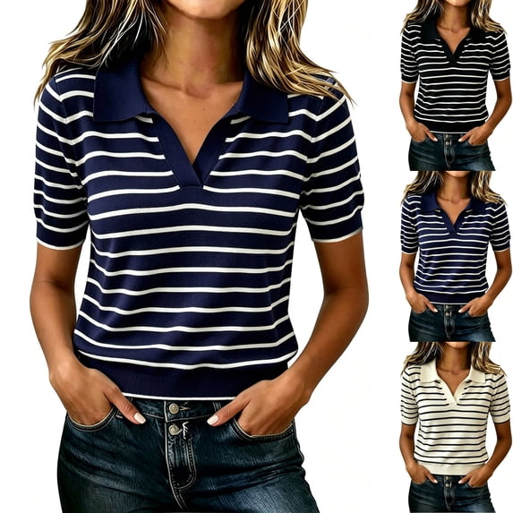 Women's Striped Knit Pullover Sweater Dressy Short Sleeve Johnny Collared V Neck Golf Shirts Blouses Tops for Business Casual Work Office, Navy, L
