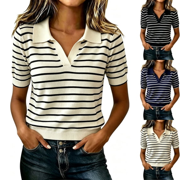 Women's Striped Knit Pullover Sweater Dressy Short Sleeve Johnny Collared V Neck Golf Shirts Blouses Tops for Business Casual Work Office, White, M