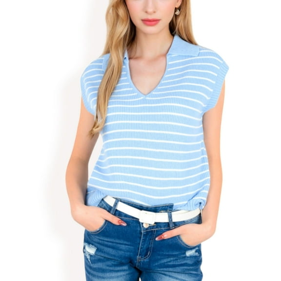 Women's Striped Knit Sleeveless Sweater Vest with Collared V-Neck- Blue,Small