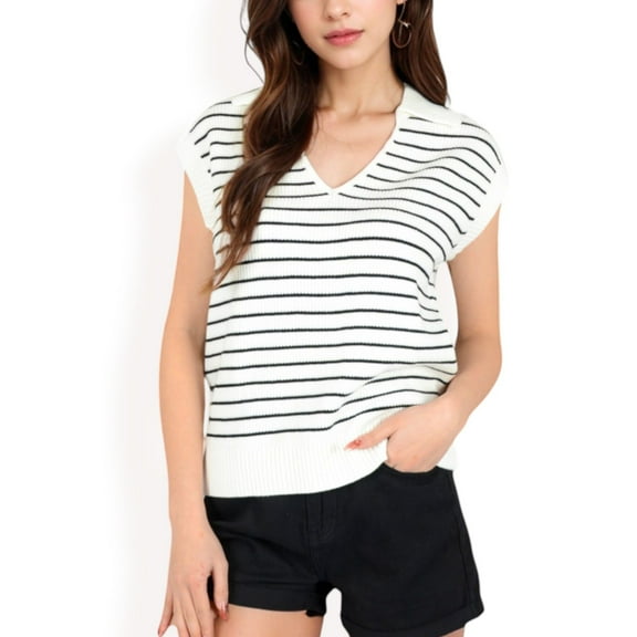 Women's Striped Knit Sleeveless Sweater Vest with Collared V-Neck- White,Small