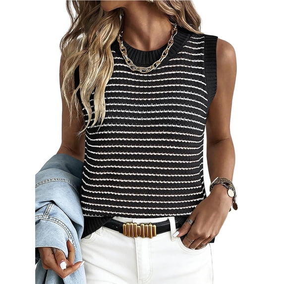 Women's Striped Knit Sweater Vest Crew Neck Sleeveless Side Split Loose Fit Casual Layering Spring Fall Office Daily Tops 2026, M