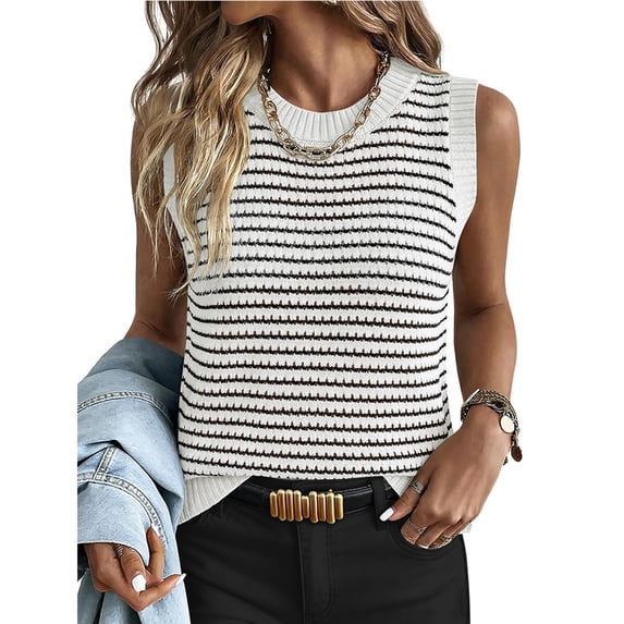 Women's Striped Knit Sweater Vest Crew Neck Sleeveless Side Split Loose Fit Casual Layering Spring Fall Office Daily Tops 2026, XL