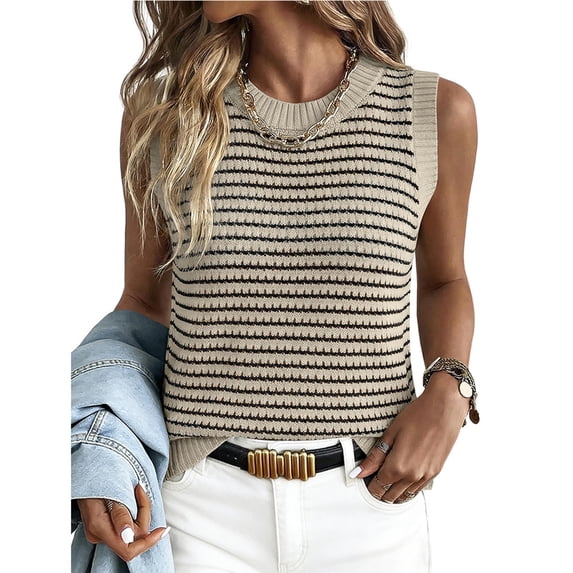 Women's Striped Knit Sweater Vest Crew Neck Sleeveless Side Split Loose Fit Casual Layering Spring Fall Office Daily Tops 2026, XL