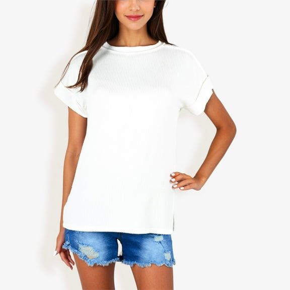 Women's Striped Knit Top with Crew Neck and Short Sleeves, Casual Loose Fit Comfortable Blouse- Small, White