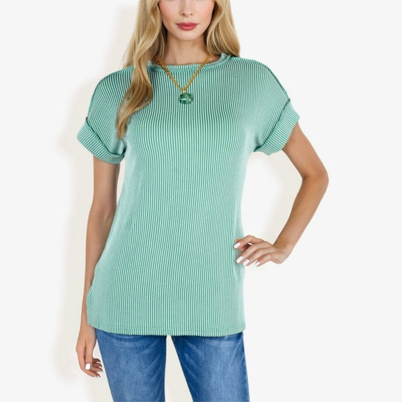 Women's Striped Knit Top with Crew Neck and Short Sleeves, Casual Loose Fit Comfortable Blouse- X Large, Green