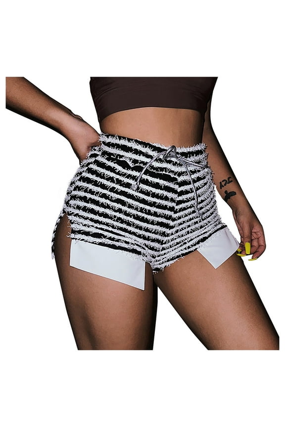 Women's Striped Knitted Shorts Stacked Fuzzy Shorts Drawstring High Elastic Waist Slim Shorts Athletic Short Pants Clubwear(S,White)