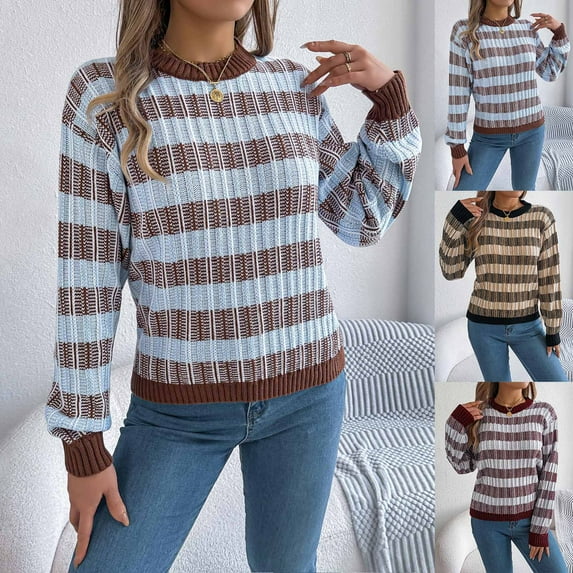 Women's Striped Knitted Sweater Pullover Top Long Sleeve Round Neck Loose Fit Casual Blouse Soft Comfortable Fashion Essential for Daily Wear Work Office Outfits | Aestivo,Black XL