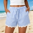 thumbnail image 1 of Women's Striped Lace Trim Shorts, Elastic Waist Casual Drawstring Summer Shorts with Pockets, Lightweight and Feminine for Warm Weather Days and Everyday Wear Blue M, 1 of 7