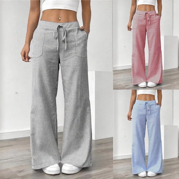 Women's Striped Lace-Up Linen Straight-Leg Casual Pants, Mid Rise with Tummy Control, Adjustable Waist Pants, Business Casual, Summer Beach, Office Work, Cotton Linen | TruBelle,Red S