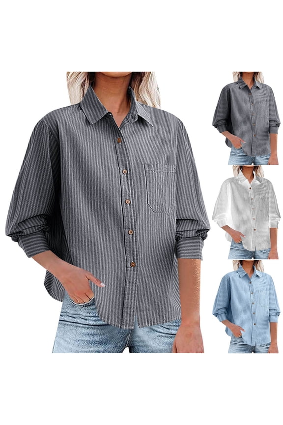 Women's Striped Lapel Long Sleeve Button Down Loose Fit Shirt Blouse Tops for Casual Daily Wear Business Office Work Vacation Fashion Essential | Aestivo,Black L