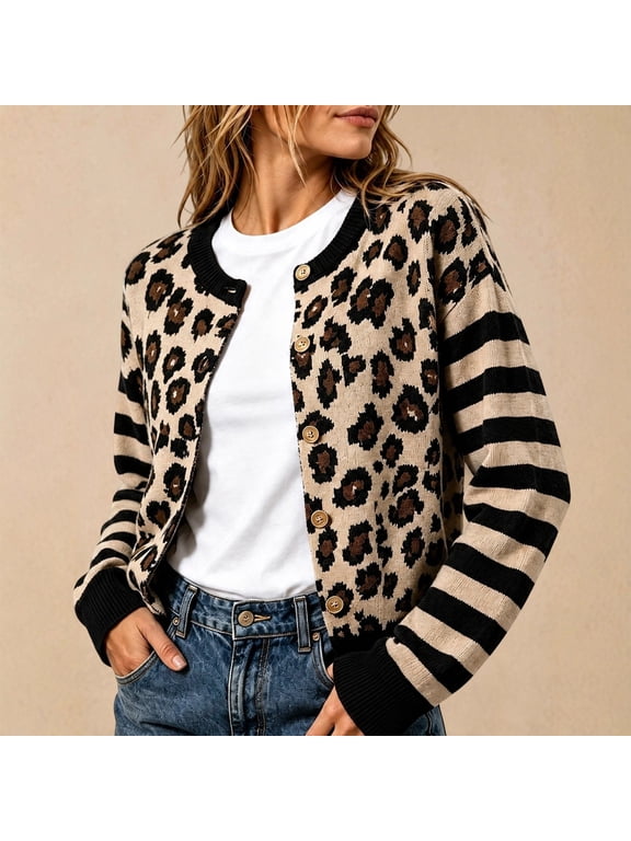 Women's Striped Leopard Print Button Down Long Sleeve Knitted Cardigan Sweaters (Black XL)