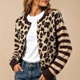 thumbnail image 1 of Women's Striped Leopard Print Button Down Long Sleeve Knitted Cardigan Sweaters (Brown XL), 1 of 4