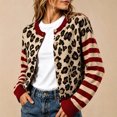 thumbnail image 1 of Women's Striped Leopard Print Button Down Long Sleeve Knitted Cardigan Sweaters (Red L), 1 of 4