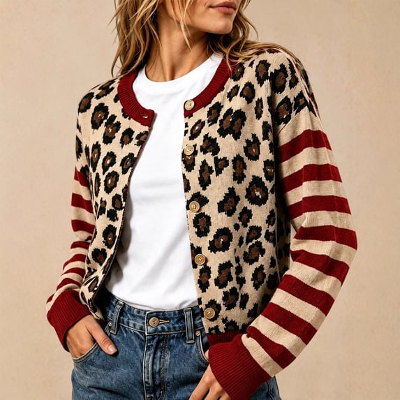 Women's Striped Leopard Print Button Down Long Sleeve Knitted Cardigan Sweaters (Red L)