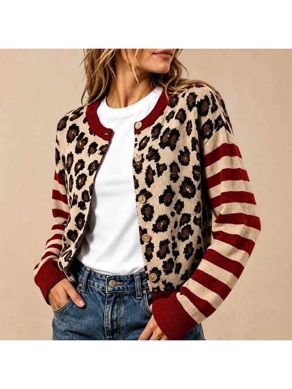 Women's Striped Leopard Print Button Down Long Sleeve Knitted Cardigan Sweaters (Red L)