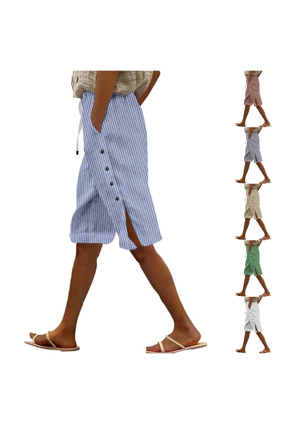 Women's Striped Linen Pants Trousers Slacks with Adjustable Side Buttons Elastic Waistband Relaxed Fit Flowy Casual Beach Vacation Lounge Wear Travel Essentials | Aestivo,Khaki M
