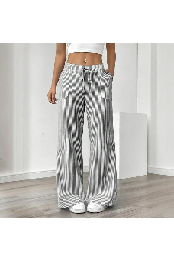 Women's Striped Linen Straight Leg Pants Trousers Slacks Casual Daily Wear with Lace-Up Detail Elastic Waistband Relaxed Fit Soft Breathable for Office Work Travel Lounge Essentials