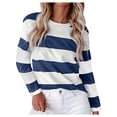 thumbnail image 1 of Women's Striped Long Sleeve Crew Neck T Shirts Casual Color Block Tee Tops Navy L, 1 of 5