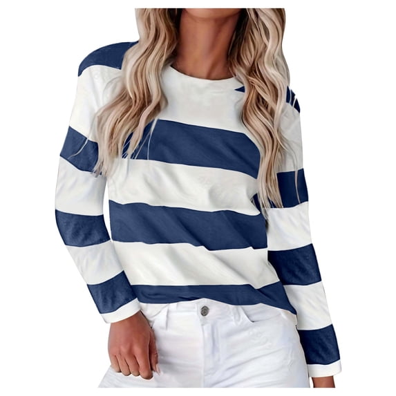 Women's Striped Long Sleeve Crew Neck T Shirts Casual Color Block Tee Tops Navy L