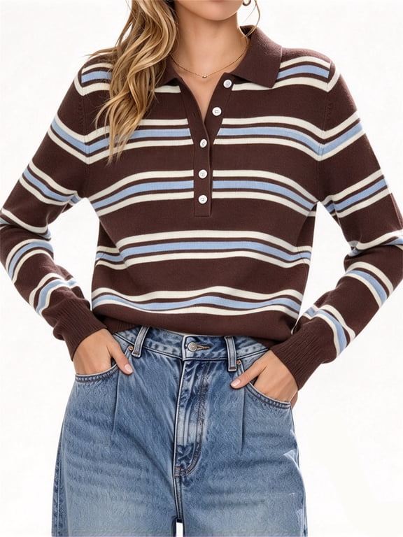 Women's Striped Long Sleeve Polo Knit Sweater Casual Lapel Henley Pullover Top