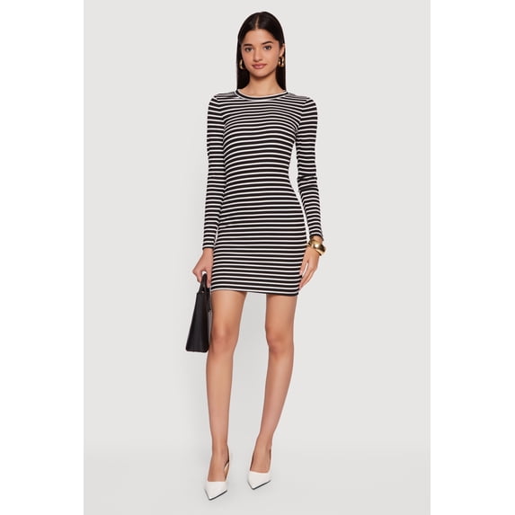 Women's Striped Long Sleeve Ribbed Knit Mini Dress
