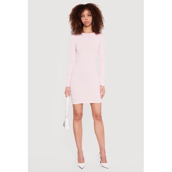 Women's Striped Long Sleeve Ribbed Knit Mini Dress