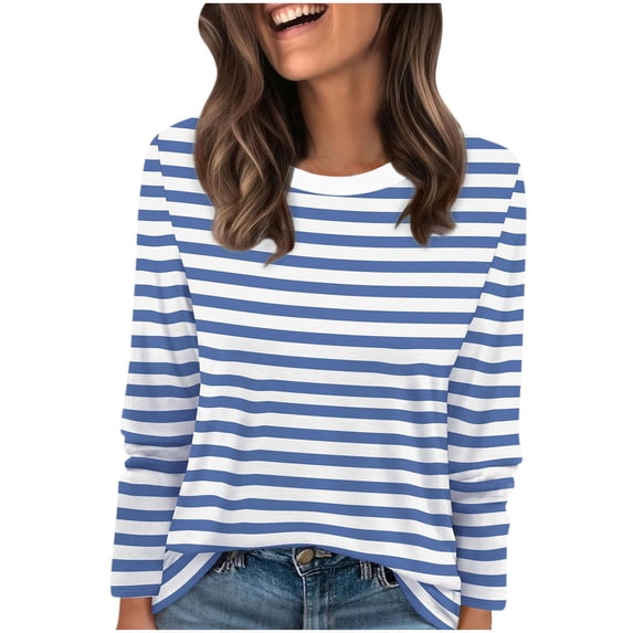Women's Striped Long Sleeve Shirts 2026 Spring Fall Tops Fashion Color Block Top Clothing Loose Crewneck Tee Blouses