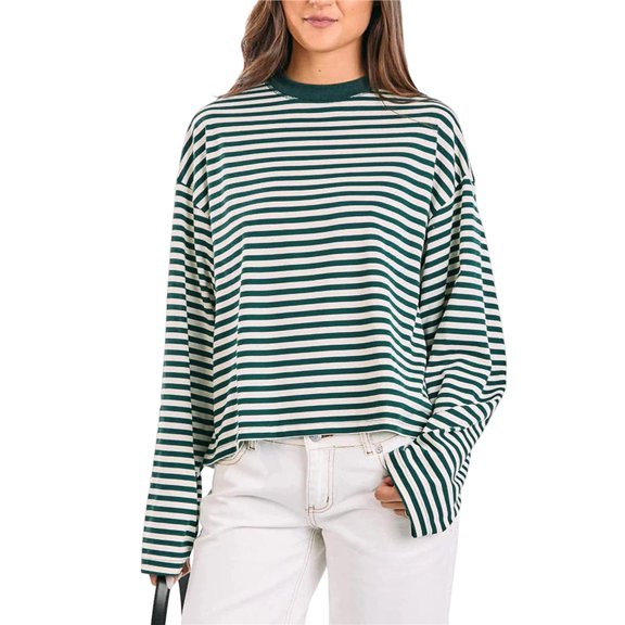Women's Striped Long Sleeve Shirts Drop Shoulder Sweatshirt Crewneck Color Block Pullover Tops Green M