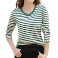 thumbnail image 1 of Women's Striped Long Sleeve Slim Fit V Neck T Shirt, 82% Polyester+12% Rayon+6% Spandex, Color Contrast, S XXXXL Sizes, 1 of 3