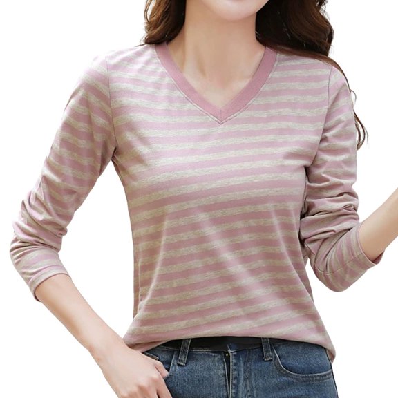 Women's Striped Long Sleeve Slim Fit V Neck T Shirt, 82% Polyester+12% Rayon+6% Spandex, Color Contrast, S XXXXL Sizes