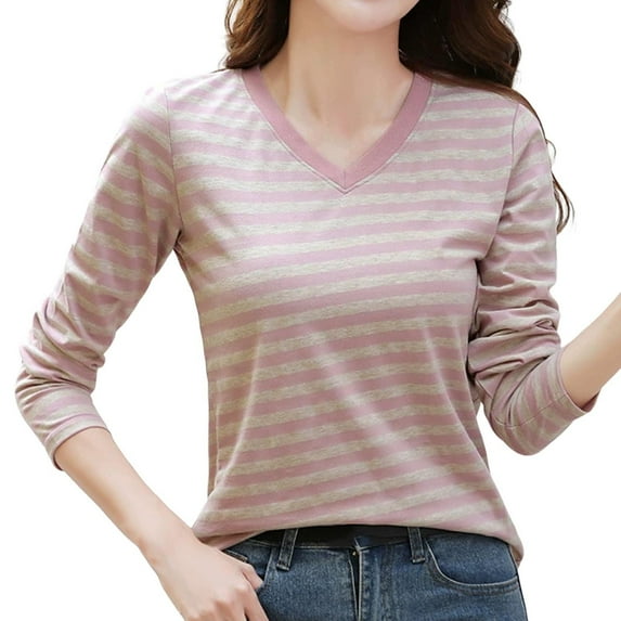 Women's Striped Long Sleeve Slim Fit V Neck T Shirt, 82% Polyester+12% Rayon+6% Spandex, Color Contrast, S XXXXL Sizes