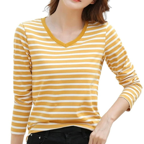 Women's Striped Long Sleeve Slim Fit V Neck T Shirt, 82% Polyester+12% Rayon+6% Spandex, Color Contrast, S XXXXL Sizes