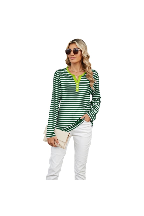 Women's Striped Long-Sleeve T-Shirt with V-Neck Base Layer Top