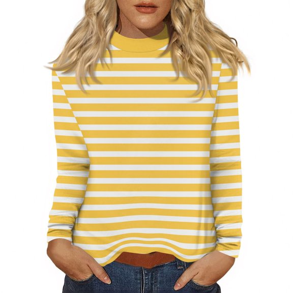Women's Striped Long Sleeve T-Shirts Casual Crewneck Soft Stretchy Top Classic Fit for Daily Wear Lightweight Comfort Outfits ,Yellow L