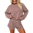thumbnail image 1 of Women's Striped Long Sleeve Top and Shorts Set Casual Two-Piece Loungewear Outfit, 1 of 5