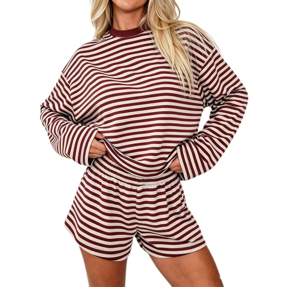 Women's Striped Long Sleeve Top and Shorts Set Casual Two-Piece Loungewear Outfit