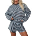thumbnail image 1 of Women's Striped Long Sleeve Top and Shorts Set Casual Two-Piece Loungewear Outfit, 1 of 5
