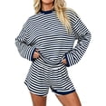thumbnail image 1 of Women's Striped Long Sleeve Top and Shorts Set Casual Two-Piece Loungewear Outfit, 1 of 5
