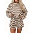 thumbnail image 1 of Women's Striped Long Sleeve Top and Shorts Set Casual Two-Piece Loungewear Outfit, 1 of 5