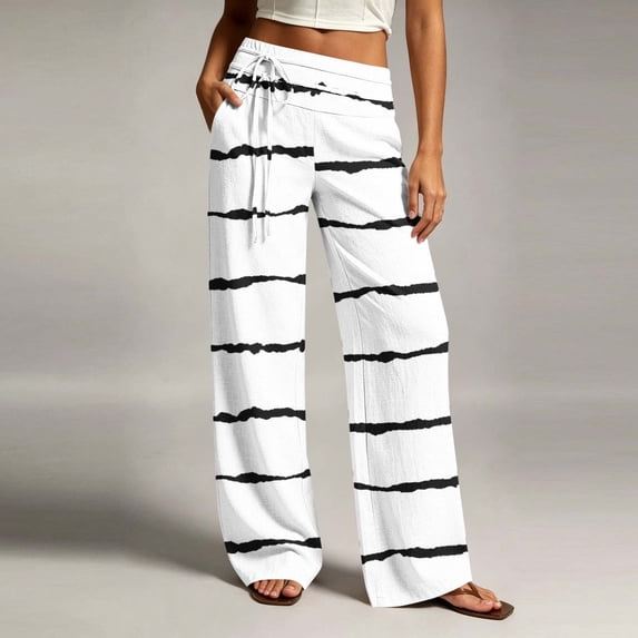 Women's Striped Lounge Pants Elastic Waist Straight Leg Trousers with Pockets Lightweight Comfy Cotton Linen Vacation Beach Pants,Sizes S-2XL