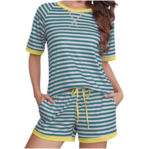 Women's Striped Lounge Set 2 Piece Loose Fit Set Crewneck Top and Drawstring Short Lightweight Soft Sleepwear Clearance Short Set