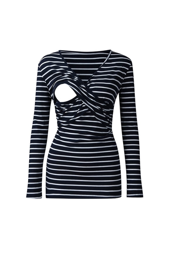 Women's Striped Maternity Nursing Shirts Wrap V Neck Long Sleeve Soft Stretch Pregnancy Shirt for Breastfeeding