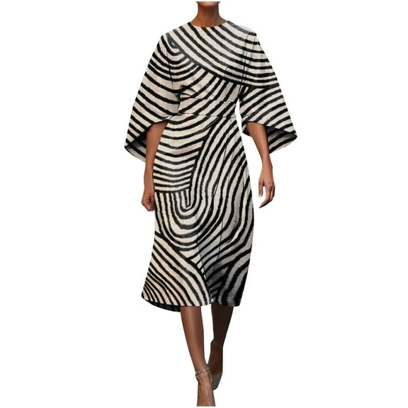 Women’s Striped Midi Dress Asymmetrical Hem Loose Fit Dresses Casual Fashion Summer Short Sleeve Party Dresses