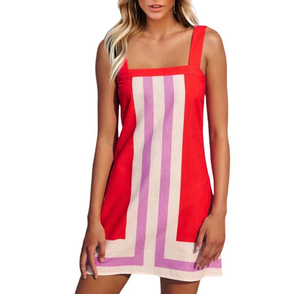 Women's Striped Mini Dress Boho Strap Sundress Summer Cover Up Dress for Beach M