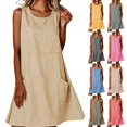 thumbnail image 1 of Women's Striped Mini Dress Gingham Tunic Dress Round Neck Sleeveless Loose A Line Sundress with Pockets Lounge Vacation Outfit Yellow, 1 of 8