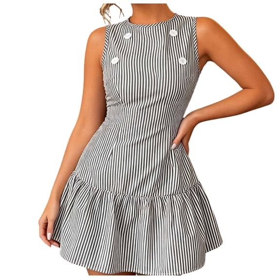 Women's Striped Mini Dress Sleeveless Crewneck Button Ruffle Hem Tank Dresses Summer Dressy Casual Sundress