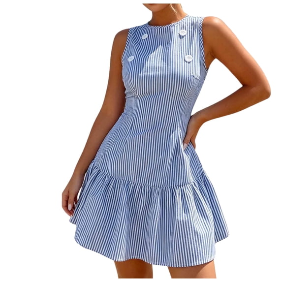 Women's Striped Mini Dress Sleeveless Crewneck Button Ruffle Hem Tank Dresses Summer Dressy Casual Sundress