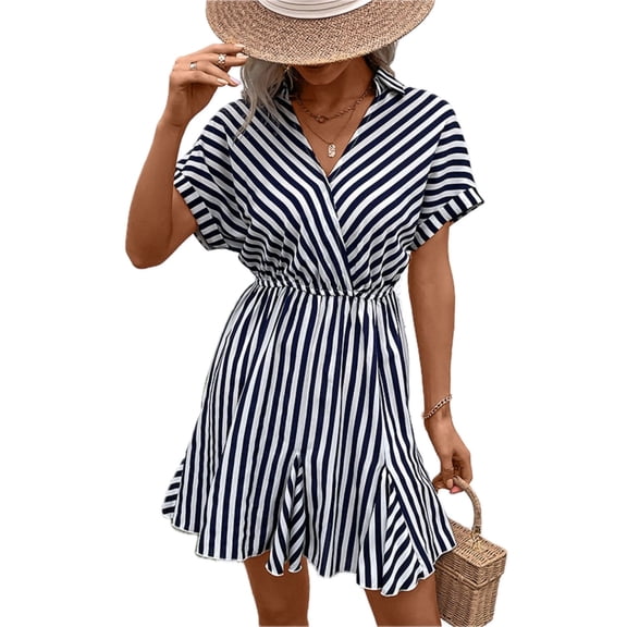 Women's Striped Mini Dress with Johnny Collar Urban Chic Ruffle Neckline A Line Hem 100% Polyester All Season